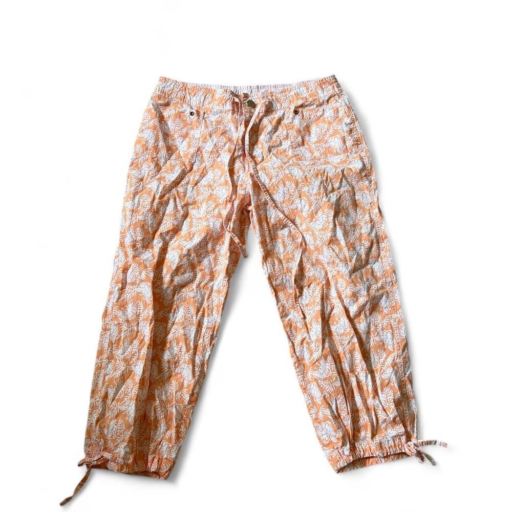 Margarita Y2K Orange White Leaf Print Capri Pants Drawstring Ankle Tie Size M
